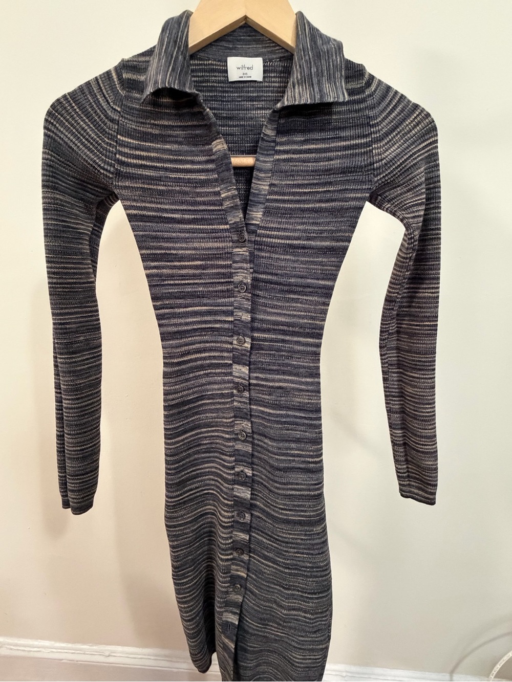 Aritzia Striped Long Sleeve Button-Up Ribbed Dress in Gray and Blue